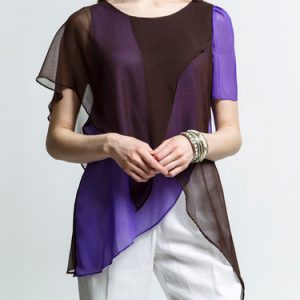 Elegant Paneled Linen Short Sleeve Plus Size Asymmetrical Blouse