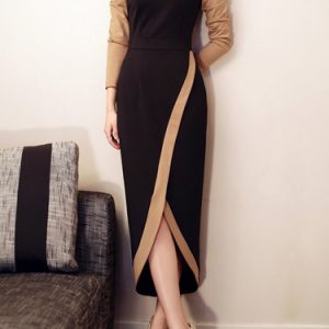 Elegant Sheath Color-block Long Sleeve Maxi Dress