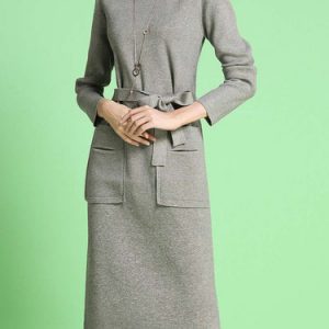 Elegant Solid Long Sleeve Ruffled Sheath Sweater Dress