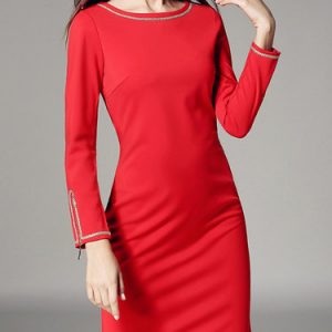 Elegant Solid Polyester Long Sleeve Midi Dress