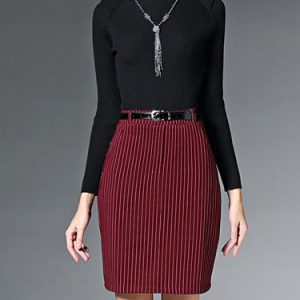 Elegant Stripes Stand Collar Long Sleeve Mini Dress with Belt