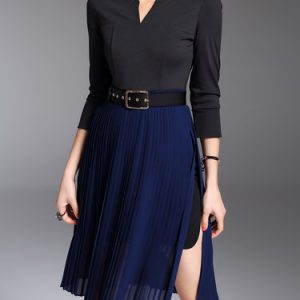 Elegant V Neck Pleated Paneled Midi Dress