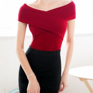 Elegant V Neck Short Sleeve Plain Cropped Top