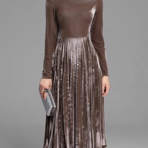 Elegant Velvet Solid Pleated Midi Dress