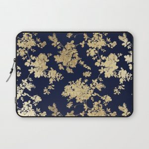 Elegant vintage navy blue faux gold flowers Computer Cover by Pink Water - Laptop Sleeve - 13"