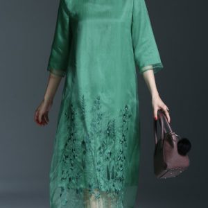 Embroidered 3/4 Sleeve Silk Casual H-line Midi Dress