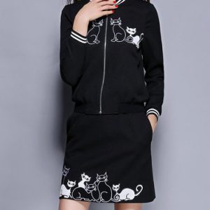 Embroidered Animal Print Long Sleeve Casual Two Piece Mini Dress