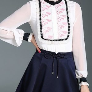 Embroidered Long Sleeve Casual Ruffled Blouse