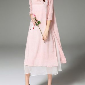 Embroidered Polyandrum A-line 3/4 Sleeve Midi Dress