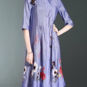 Embroidered Shift 3/4 Sleeve Polyester Vintage Shirt Dress