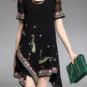 Embroidered Short Sleeve Vintage Mini Dress