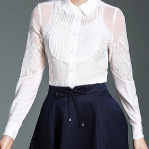 Embroidered Solid Long Sleeve Shirt Collar Casual Bodysuit with Camis