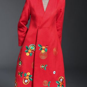 Embroidered Surplice Neck Casual A-line Wool blend Coat