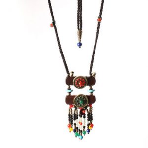 Ethnic Jewelry Necklace Vintage Wood Crystal Sweater Women Necklace