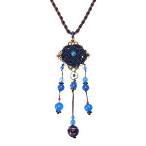 Ethnic Long Necklace Blue Crystal Flower Necklace for Women