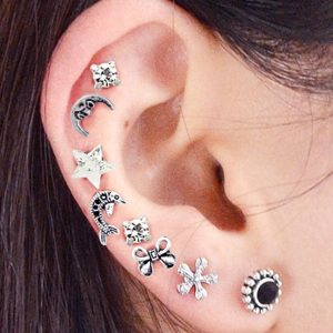 Ethnic Moon Star Bow Rhinestone Stud Earring Set