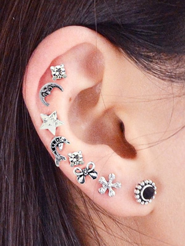 Ethnic Moon Star Bow Rhinestone Stud Earring Set