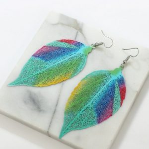 Ethnic Style Colorful Leaves Earrings Eardrop Paint Spraying Rainbow Foliage Plant Ear Accessories with Alloy