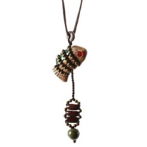 Ethnic Style Jewelry Vintage Fish Ceramics Copper Beads Necklace