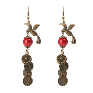 Ethnic Vintage Bronze Magpie Bird Red Turquoise Women Earring Jewelry