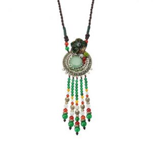 Ethnic Vintage Necklace Tassel Jade Flower Necklace