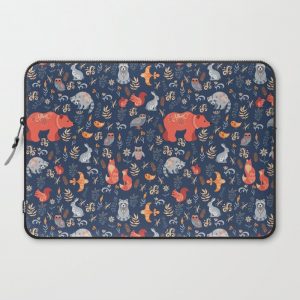 Fairy-tale forest. Fox, bear, raccoon, owls, rabbits, flowers and herbs on a blue background. Seamle Computer Cover by IrinaSkaska - Laptop Sleeve - 1