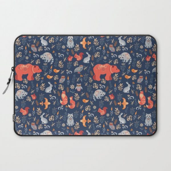 Fairy-tale forest. Fox, bear, raccoon, owls, rabbits, flowers and herbs on a blue background. Seamle Computer Cover by IrinaSkaska - Laptop Sleeve - 1