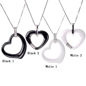 Fashion 925 Sterling Silver Zircon Rhinestone Crystal Ceramic Heart Shape Pendant Women's Necklace