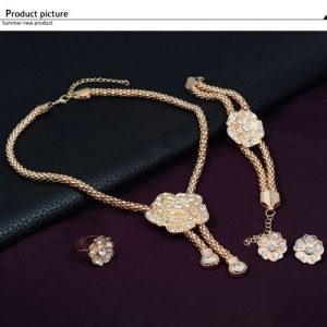 Fashion Alloy Jewelry Set Flower Dangle Rhinestone Necklace Earrings Ring Bracelet Dress Accessory for Bridal