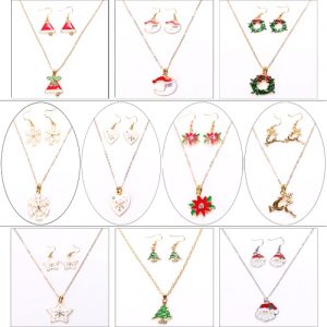 Fashion Charming Christmas Metal Zinc Alloy Necklace Earrings Enamel Jewelry Set for Woman Girls Party Holiday