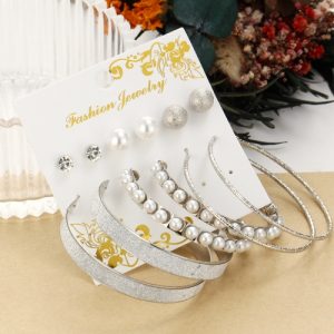 Fashion Exaggerated 6 Pairs Ear Studs Set Pearl Frosted Big Circle Crystal Personality Earrings Jewelry