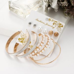 Fashion Exaggerated 6 Pairs Ear Studs Set Pearl Frosted Big Circle Crystal Personality Earrings Jewelry