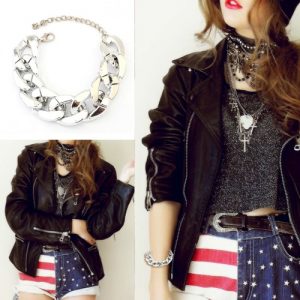 Fashion Exaggerated Punk Rock Style Personality Alloy Metal Link Hand Chain Chunky Bracelet Bangle Jewelry Accessory for Women Girls