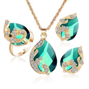 Fashion Gold-plated Jewelry Set Crystal Drop Pendant Peacock Necklace Earrings Ring Three-piece for Female