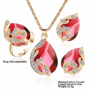 Fashion Gold-plated Jewelry Set Crystal Drop Pendant Peacock Necklace Earrings Ring Three-piece for Female