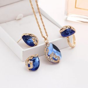 Fashion Gold-plated Jewelry Set Crystal Drop Pendant Peacock Necklace Earrings Ring Three-piece for Female