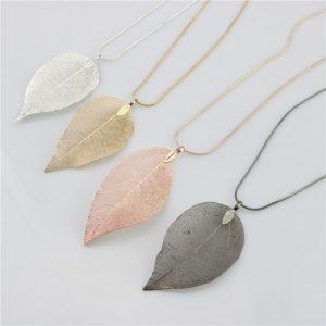 Fashion Natural Alloy Leaf Pendant Necklace Long Sweater Chain for Women Jewelry Gift