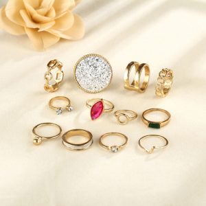 Fashion Retro Carved Round Diamond 12Pcs of Rings Set Combination Exaggerated Joint Rings