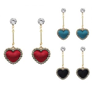 Fashion Retro Velvet Plaid Love Heart Diamond Long Pendant Earrings Ear Ornament Accessory