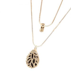 Fashion Rhinestone Crystal Ring Hollow Water Drop Pendant Multilayered Necklace Double Long Sweater Chain Jewelry for Women Girl