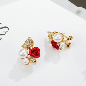 Fashion Rose Flower Pearl Rhinestone Ear Clips Alloy Women Luxury Earrings Jewelry