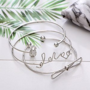 Fashion Simple 3Pcs Bracelet Set Arrow Bowknot Letters Leaf Pineapple Feather Embedded Diamond Women Bracelets