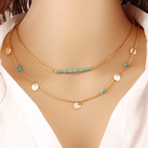 Fashion Style Turquoise Clavicle Chain Double-layer Necklace with Sequins Women Girls Jewelry