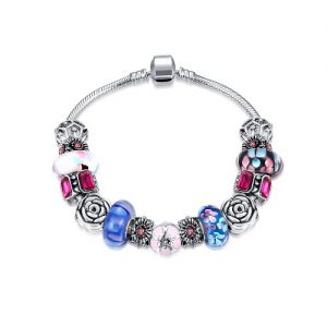 Fashion Unique Charm Colorful Crystal Beads Silver Plated Metal Chain Bracelet Bangle Jewelry for Women Girl Gift Party