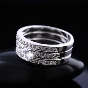 Fashion Unique Hot Charming White Gold Plated Zircon Rhinestone Crystal Paved 3 Round Rings Set Jewelry Accessory for Woman Girl Wedding Gift Party Engagement