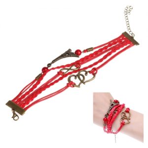 Fashion Vintage Punk Multilayer Braided Eiffel Tower Love Heart Pendants Bracelet Bangle Jewellery Accessory