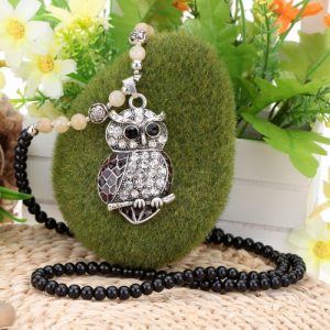 Fashion Vintage Retro Silver Rhinestone Owl Pendant Bead Sweater Chain Necklace Metal Alloy Bird Jewelry for Woman Girl