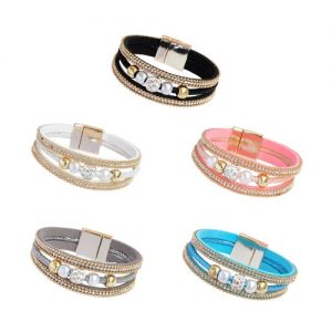 Fashion Women Multi-layer Bangle Bracelet Crystal Beaded Leather Magnetic Unisex Type Wristband