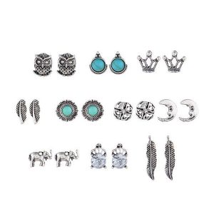 Faux Turquoise Owl Elephant Earring Set