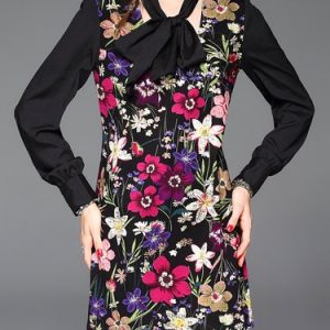 Floral A-line Casual Long Sleeve Mini Dress with Scarf